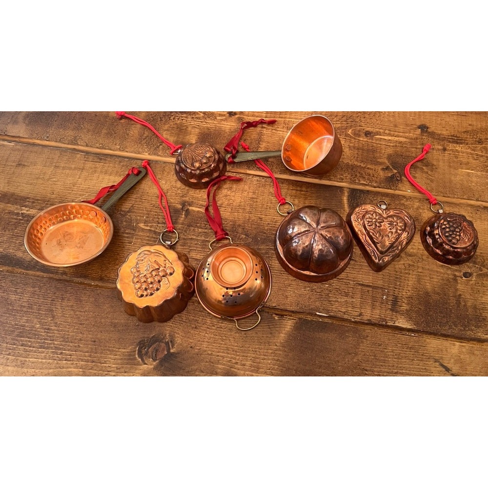 Set 8 Vintage Copper Kitchen Christmas Ornaments Colander Heart Pan Skillet Pots